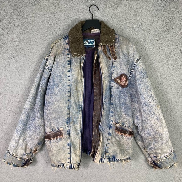 Vintage TRIM Sherpa Lined Acid Wash Denim Bomber Jacket Men’s L Aviator Patch - Picture 5 of 16